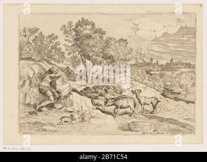 Landschap traf drie rustende herders bij een kudde Landschappen naar Titiaan (serietitel) Zugeteilte Recht: 2. Hersteller: Druckmaschine: Moise Jean Baptiste Fouardnaar Design: Titian (denkmalgeschütztes Gebäude) Herausgeber: Pierre Mariette (II) (denkmalgeschütztes Gebäude) Herstellung: Paris Datum: CA. 1663 - 1726 Material: Papiertechnik: Ätzmaße: Plattenkante: H 174 mm × W 250 mmToelichtingMaakt Teil vierundzwanzig Teilserien mit Landschaften Titian und Campagnola. Subjekt (Reisender) in der offenen Lufterholungsherde, Herde Stockfoto