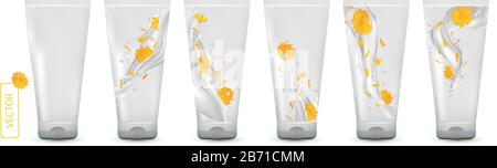 Calendula-Creme in der Röhre sammeln. Milch spritzt mit Blumenmarigold. Kosmetisches Produkt. 3D-realistische Calendula. Vektorgrafiken. Stock Vektor