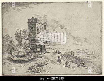 Landschap met een sarcofaag en een fontein Landschaft mit einem Sarkophag und einem Springbrunnen Objekttyp: Bild Artikelnummer: RP-P-ob-2349Katalogogusreferenze: Hollstein Dutch 39Osse Beeck Beschriftung / Marke: Sammlermarke, Verso, gestempelt: Lugt 12 Sammlermarke, Verso, in schwarzer Tinte: 573 Hersteller: Gestempelt: Lugt: 573 Druckmaschine Jan Osse Beeck (zugeschrieben) zum Entwurf: Bartholomäus Breenbergh (möglich) Ort Herstellung: Unbekannt Datum: 1647 - 1674 Physikalische Merkmale: Ätzmaterial: Papiertechnik: Ätzmaße: Blatt: H 120 mm × W 165 mm Betreff: Landschaft mit Ruinsarkophag Stockfoto