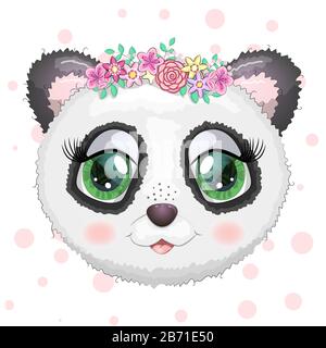 Süßes Panda-Cartoon-Mädchen Gesicht mit hellen, ausdrucksstarken Augen mit Blumen und Sternen. Stock Vektor