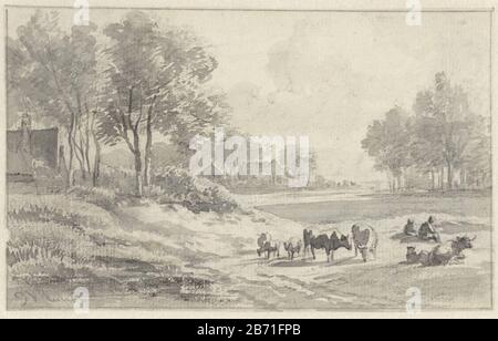 Landschap traf Herders en Vee Landscape mit Shepherds and Vee Object Type: Drawing Object Number: RP-T-1941-66 (R) Creator: Artist: Jan van Ravwaay Dat: 99-1869 Physical Features: Pinsel in grauem, schwarzem Kreidematerial: Papierkreidetechnik: Pinselabmessungen: 96 mm × h b 156 mm Betreff: Bauernhof oder Haus in einsamen Landschaftsbau, Hirte, Hirtin, Hirte, Schäferin, Kuhherde, usw. Rinderkattlesheep Stockfoto