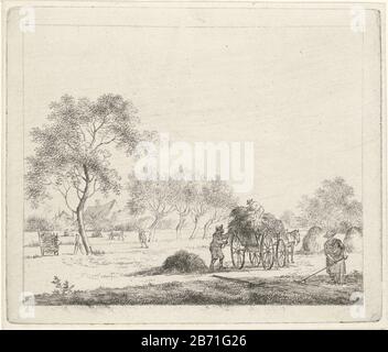 Landschap traf Hooiwagen Juli De twaalf maanden (serietitel) De gecouleurde Teekeningen van de 12 Maanden () (serietitel) Landschaft mit im Vordergrund ein Heuwagen mit zwei Bauern und einem Bauern mit Rechen. Im Hintergrund ein Bauernhof, Kühe und ein Bauer. Vor der Luft. Achtes Bild einer Dreizehnreihe mit Maanden. Hersteller : Druckhersteller, John Janson Nach eigenem Entwurf von: John Janson Place Manufacturing: Leiden Date: 1783 Physikalische Merkmale: Ätzung; Proofing-Material: Papiertechnik: Ätzmaße: Plattenkante: H 145 mm × W 172 mm Betreff: Landschaft symbolisiert Julyhay Wagon Stockfoto