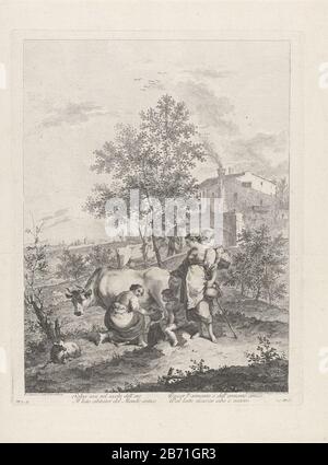 Landschap traf koeienmelkster Landschappen mit einer Melkjungfrau auf Die Landschaft Boeren (serietitel). Es zeigt einer Frau mit drei Kindern, wie man eine Kuh mildert. Im Hintergrund ein Bauer mit einer Kuh und einem zweiten Bauernhof. Am unteren Rand eine vierzeilige Verszeile in italienischer Sprache. Unten links nummeriert: Nr. 7-6. Rechts nummeriert: C.C. Nr. 6. Hersteller : Druckhersteller Francesco Bartolozzinaar Entwurf: Francesco Zuccarelli (denkmalgeschütztes Gebäude) Verleger Joseph Wagner (denkmalgeschütztes Eigentum) Träger des Privileges: Senat von Venedig (denkmalgeschütztes Eigentum) Ort Herstellung: Venedig Datum: 1739 - 1780 Physische Merkmale: Radierung und e Stockfoto