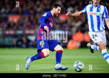 Barcelona - 7. März: Lionel Messi spielt beim Spiel der La Liga zwischen dem FC Barcelona und Real Liedad de Futbol im Camp Nou Stadium am 7. März 2020 i. Stockfoto