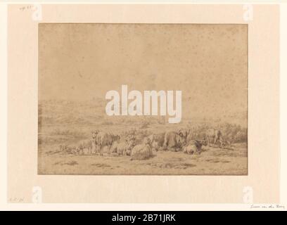 Landschap met rostet en grazend vee Landschaft mit Ruhe- und Weidevee Objekttyp: Zeichnung Objektnummer: RP-T 1959-255 Hersteller: Künstler Simon van den Berg Datum: 182-5 Körperliche Merkmale: Bürste in Braun, Bleistift-Material: Papierbleistift-Technik: Pinselmaße: H 293 mm × W 406 mm Betreff: Rind Stockfoto