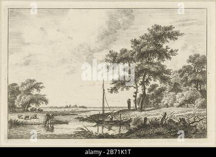 Landschap traf schuitje EINE Flusslandschaft mit Kühen und einem segelboot. Am Flussufer, mit zwei Bäumen, ist eine Person mit einem Kind in den Armen. Unter den Bäumen im Hintergrund das Dach eines boerderij. Hersteller : Druckmaschine: Hermanus FockPlaats Herstellung: Amsterdam Datum: 1790-184 Physikalische Eigenschaften: Ätzmaterial: Papiertechnik: Ätzmaße: Plattenkante: H 127 mm × W 190 mm Betreff: Fluss (+ Landschaft mit Figuren, Mitarbeiter) Stockfoto