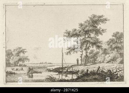 Landschap traf schuitje EINE Flusslandschaft mit Kühen und einem segelboot. Am Flussufer, mit zwei Bäumen, ist eine Person mit einem Kind in den Armen. Unter den Bäumen im Hintergrund das Dach eines boerderij. Hersteller : Druckerhersteller Hermanus FockPlaats Herstellung: Amsterdam Datum: 1790-184 Physikalische Eigenschaften: Ätzmaterial: Papiertechnik: Ätzmaße: Plattenkante: H 128 mm × W 192 mm Betreff: Fluss (+ Landschaft mit Figuren, Mitarbeiter) Stockfoto