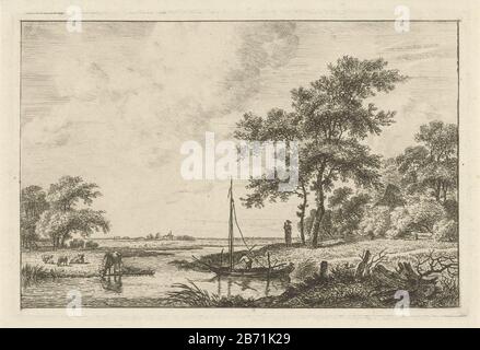 Landschap traf schuitje EINE Flusslandschaft mit Kühen und segelboot. Am Flussufer, mit zwei Bäumen, ist eine Person mit einem Kind in den Armen. Unter den Bäumen im Hintergrund das Dach eines boerderij. Hersteller : Druckerhersteller Hermanus FockPlaats Herstellung: Amsterdam Datum: 1780-1822 Physikalische Eigenschaften: Ätzmaterial: Papiertechnik: Ätzmaße: Plattenkante: H 128 mm × W 193 mm Betreff: Fluss (+ Landschaft mit Figuren, Mitarbeiter) Stockfoto