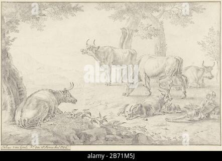 Landschap met Vee Landscape mit Vee Objekttyp: Zeichnung Objektnummer: RP-T-1893-A-2756 Hersteller: Künstler Jan van Gool Datum: 18.11.6 Physikalische Merkmale: Schwarzes Kreidematerial: Papierkreidemaße: H 201 mm × W 307 mm Betreff: Cowgoat Stockfoto