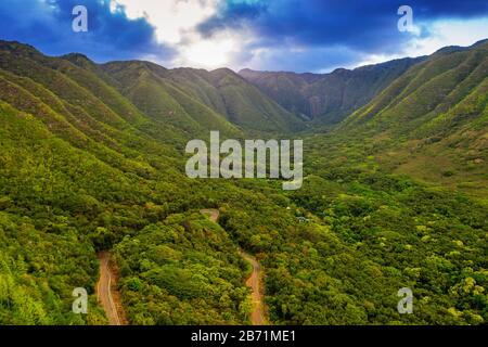 Vereinigte Staaten von Amerika, Hawaii, Molokai-Insel, Luftansicht des Halawa-Tals Stockfoto