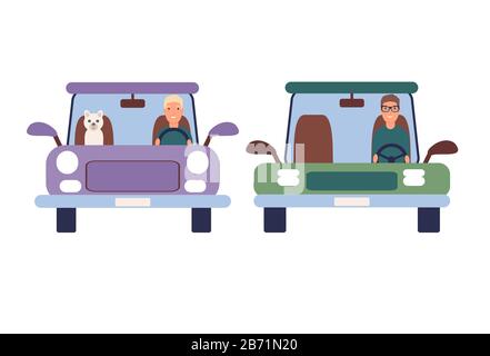 Lustige Leute, die Autos fahren auf weißem Hintergrund. Bunte vektor Illustration im Cartoon Stil. Stock Vektor