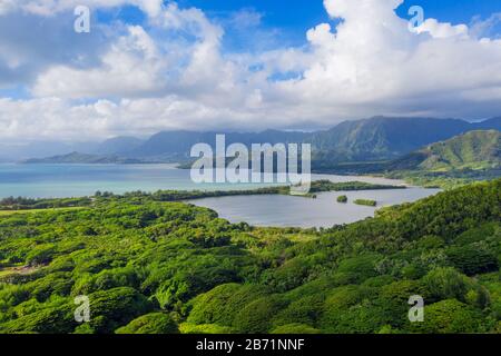 Vereinigte Staaten von Amerika, Hawaii, Oahu Island, Kaneohe Bay, Luftbild Stockfoto