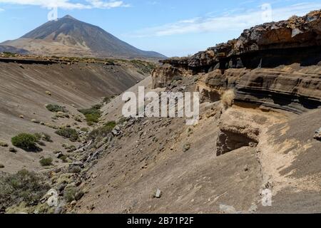 Blick auf den Vulkan El Teide, Europas höchsten Berg, entlang eines erodierten Schluckes durch eine Landschaft aus Lava, vulkanischer Asche und Gebüschen, Tenerif Stockfoto