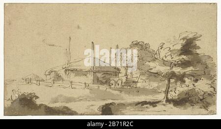 Landshap traf een hooiberg en kar op een boerenerf Landshap mit einem Heuhaufen und Wagen auf einem Barnyard-Objekttyp: Zeichnungsobjektnummer: RP-T-1901-A-4522Catalogusreferentie: Schatborn 113 Hersteller : Zeichner: Rembrandt van Rijn (Kopie an) Ort Herstellung: Amsterdam Datum: Nach ca. 1640 - ca. 1.650 Physische Eigenschaften: Stift und braune Tinte mit Bürste und brauner Tinte, hellbraunes farbiges Papier; Rahmenlinien in braunem Farbmaterial: Papierfarbtechnologie für die Vorbereitung: Stift-/Bürstenabmessungen: H 94 mm × W 177 mm Betreff: Heustapel Stockfoto