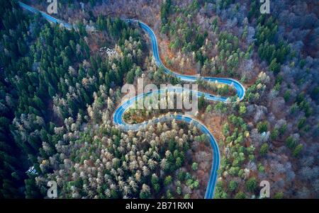 Der Luftbild der kurvenreichen Straße vom hohen Gebirgspass mit Bäumen in Siebenbürgen, Rumänien, in der Herbst-Winter-Zeit geschwungene Straßenansicht per Drohne Stockfoto