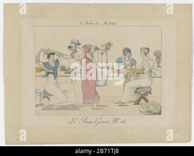 Le Bon Genre, im Jahr 1817, Nr. 28 Atelier de Modistes Workshop Modistes. Hersteller : Druckmaschine: Anonymer Termin: 186 Körperliche Merkmale: ENGRAA, handfarbenes Material: Papiertechnik: ENGRAA (Druckverfahren) / Handfarbenmessungen: Plattenkante: H 207 mm × W 264 mm Betreff: Modeplatten Kleid, Kleid (+ Damenbekleidung) Kopfbedeckung: Hut (+ Damenbekleidung) Rand, Band, Geflecht (+ Damenbekleidung) Kopfbedeckung: Turban (+ Damenbekleidung) Arbeiterklasse, Arbeiter - AA - Damenwerkstatt, Atelier der Künstlerin (im Allgemeinen) (+ Variante) Container Blumen Kunsthandwerk, Handwerker bei der Arbeit (+ Frauen (Labo) Stockfoto