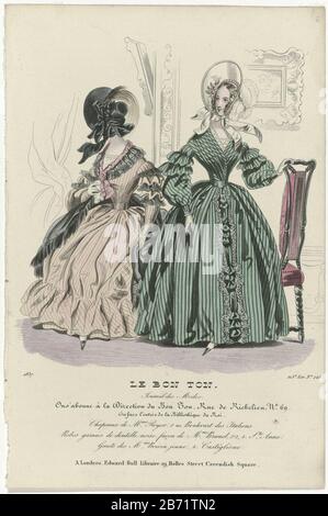 Le Bon Ton, Journal des Modes, 1837, 115e Liv Nr. 228 Chapeaux de Mme Royer () Zwei Frauen in einem Interieur. Laut der Bildunterschrift Hutte Royer. Gestreifte Kleider mit schwarzer Spitze, in Brunel-Manier ausgeführt. Handschuhgeschäfte Boivin Jeune. Drucken Sie das Modemagazin Le Bon Ton (1834-1884-2006) aus. Hersteller : Druckmaschine: Anonymer Verleger Edward Bull (börsennotiertes Objekt) Ort Herstellung: London Datum: 18397 Physische Merkmale: Engra, handfarbenes Material: Papiertechnik: Engra (Druckverfahren) / Farbmessungen von Hand: Blatt: H 235 mm × W 155 mm Betreff: Fashion plates Kleid, Stockfoto