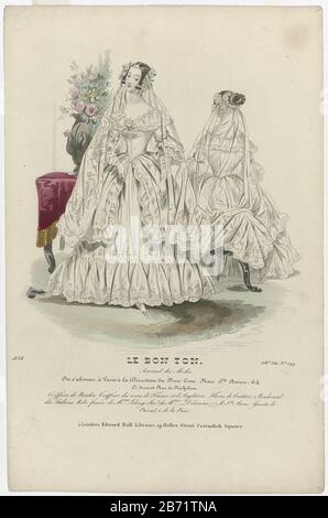 Le Bon Ton, Journal des Modes, 186, 156e Liv Nr. 299 Coiffure de Nardin () EINE Frau in einem Hochzeitskleid mit Schleier. Eine sitzende Frau, von hinten gesehen, mit demselben Kleid bekleidet. Laut der Überschrift "Coiffure" von Nardin, "barber" vom Hof Frankreichs und Englands. Cartier Blumen. Japon trat in der Manier von Lelong auf, Nachfolger Mme Delanoue. Handschuhe Prival. Drucken Sie das Modemagazin Le Bon Ton (1834-1884-2006) aus. Hersteller: Druckmaschine: Anonymer Verleger Edward Bull (börsennotiertes Objekt) Ort Herstellung: London Datum: 183217 Physische Merkmale: Engra, handfarbenes Material: Papier Techniqu Stockfoto