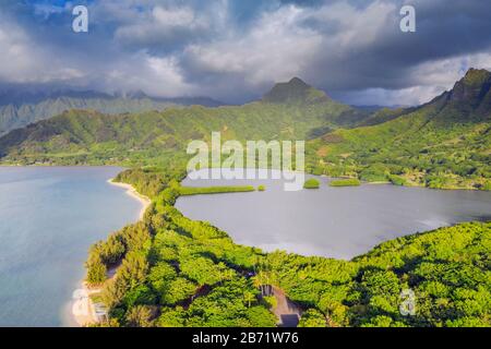 Vereinigte Staaten von Amerika, Hawaii, Oahu Island, Kaneohe Bay, Luftbild Stockfoto