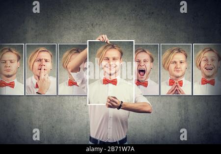 Junger Mann verschiedene Emotionen zum Ausdruck maskiert Stockfoto