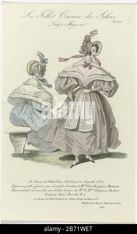 Le Follet Courrier des Salons, Lady's Magazine, 1834, Nr. 270 Chapeau en Paill () Strohhut mit einer Sphäre der "Mehrheit neapel" aus den Studios von Bonté. "Pelerine Mantelet" aus schlichtem Muslin sprach mit Tüll aus den Geschäften von Chaigneau Popelard. Weiteres Zubehör: Handschuhe, Taschentücher, Schuhe mit gekreuzten Trägern und eckigen Zehen. Sitzt in der gleichen Figur mit Ballongarnmuffen, von hinten gesehen. Drucken Sie das Modemagazin Le Follet Courrier des Salons aus (novembre, 1892octobre, 1882) . Hersteller: Druckmaschine: Anonymer Verlag J. Page (Verlag) (denkmalgeschütztes Gebäude) Place Manufacturt Stockfoto