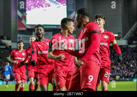 Glasgow, Großbritannien. März 2020. Der Rangers FC spielte Bayer Leverkusen in der Runde 16 bis 1. Etappe im heimischen Stadion von Ranger, Ibrox, Glasgow. In der UEFA Europa League.Laut Steven Gerrard, Rangers Manager, stellt dieses Spiel eine große Herausforderung dar, aber man hofft, dass sein Team an frühere Leistungen anknüpfen kann. Credit: Findlay/Alamy Live News Stockfoto