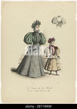 Nr. 723: Frau in einem hochhalsigen Mantel mit Pelz und breiten Ballonärmeln mit eng anliegenden Ärmeln darunter. Daaronden trägt sie einen ausgestellten Rock, sie trägt einen Hut mit Federn und einem Mantel aus Pelz. Rechts eine Strichzeichnung der Rückseite des Jacketts. Nr. 724: Mädchen in einem Kleid mit flachem Schulterkragen, der mit Pelz und Hammelärmeln gefüttert ist. Der Rock ist ausgezogen und mit zwei Rosettenreihen verziert. Außerdem trägt er einen Hut mit Federn, Gürtel, Spazierstock oder Stiefeln. Ausgabe des Modemagazins La Genie de la Mode, 1894. Hersteller: Druckmaschine: Anonymer Termin: Ca. 18 Stockfoto