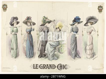 Le Grand Chic, Ca 1912, Supplement au Nr. 17 Atelier Finkelstein Sechs Frauen in Kleidern des Modehauses Atelier Finkelstein, verteilt auf fünf Kästen mit den Nummern 632 bis 637. 632: Grünes Kleid mit Halbärmeln, Faltenkragen und Bündchen. 633: Blaues Kleid mit schwarzem Punktmuster. Großer Hut mit Blumen und punktiertem Schleier. 634 schwarz/weiß gestreiftes Kleid mit Schlepp. Schal der Doorzidge. 635: Hellblaues Kleid mit Halbärmeln, Oberteil mit Spitze. Cloche (Cloche-Hut) mit gelber Feder dekoriert. Schuhe mit Schleifen, runden Schnallen und Fersen. 636: Graues Gown, teilweise mit hellem Wellmuster. Leicht Stockfoto