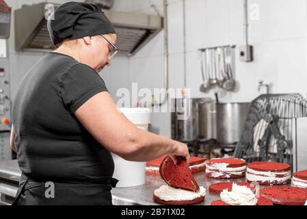 Frau Konditorin, die in der Konditorei Kuchen zubereitet. Stockfoto