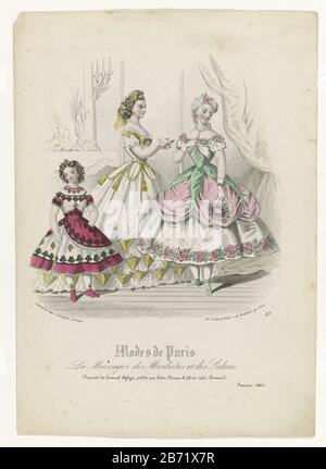 Le Messager des Modistes et des Salons, Modes de Paris, Journal Aglaja, Janvier 1864, Nr. 27 EINE Frau und zwei Mädchen in Abendkleidern. Das Bild entstand in Aglaja (1848-1864), Monatsheft Damenarbeit, herausgegeben von A. C. Kruseman zu Haarlem. Hersteller: Druckmaschine: Anonymer Herausgeber Ad. Goubaud et Fils (denkmalgeschütztes Gebäude) Verlag: Johan Noman (denkmalgeschütztes Gebäude) Drucker: LEGASTELOIS (denkmalgeschütztes Eigentum) Herstellung: Verlag: Paris Verlag: Zaltbommel Verlag: Paris Datum: 1864 Physische Merkmale: ENGA, handfarbenes Material: Papiertechnik: Handfarbe / ENGRAA (Druckverfahren) Stockfoto