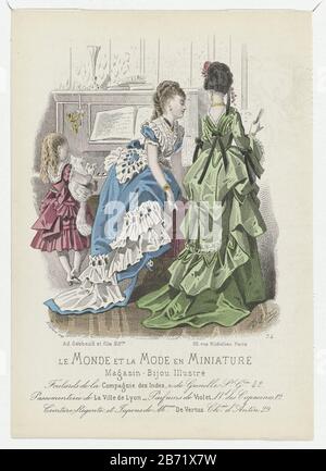 Le Monde et la Mode en Miniature, 1873, Nr. 34 Foulards de la Compagni Zwei Frauen und ein Kind im Inneren, gekleidet in Kleidern mit entschärften Materialien der Compagnie des indes mit Bullion Ville de Lyon. Drucken Sie das Modemagazin Le Monde et la Mode and Miniature (1873-1874) aus. Der Druck ist Da: Offenbar eine reduzierte Kopie auf Nr. 1073B des Modemagazins Le Journal des Dames et des Demoiselles, 1973. Hersteller : Druckerhersteller A. Bodin (denkmalgeschütztes Gebäude) zum Zeichnen Emile Préval (denkmalgeschütztes Gebäude) Herausgeber: Ad. Goubaud et Fils (Listed Building) Button H. Lefèvre (Listed Property) Pl Stockfoto