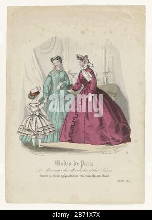 Le Messager des Modistes et des Salons, Modes de Paris, Journal Aglaja, mars 1864, Nr. 29 Zwei Frauen in Kleidern mit vollen Röcken. Kinderkleidung: Mädchen im Kleid mit kurzen Puffärmeln und Schleife auf dem Rücken. Randloser Hut mit Feder. Das Bild entstand in Aglaja (1848-1864), Monatsheft Damenarbeit, herausgegeben von A. C. Kruseman zu Haarlem. Hersteller: Druckmaschine: Anonymer Herausgeber Ad. Goubaud et Fils (denkmalgeschütztes Gebäude) Verlag: Johan Noman (denkmalgeschütztes Gebäude) Drucker: LEGASTELOIS (denkmalgeschütztes Eigentum) Herstellung: Verlag: Paris Verlag: Zaltbommel Verlag: Paris Datum: 1 Stockfoto