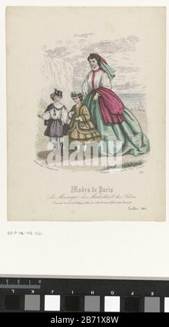 Le Messager des Modistes et des Salons, Modes de Paris, Journal Aglaja, juillet 1863, Nr. 21 Vrouw en twee kinderen op het Strand. De prent werd opgenomen in Aglaja (1848-1864), maandboekje voor dames handwerks, uitgeeven door A. C. Kruseman te Haarlem. Hersteller : Hersteller: Louis Berlier (vermeld op object)uitgever: Ad. Baud et Fils (vermeld op object)uitgever: Johan Noman (vermeld op object)Drukker: Legastelois (vermeld op object)Plaats Herstellen: Uitgever: Parijsuitgever: Zaltbommeldrucker: Parijs datieren: Physisches Kenmerken: Gravure, met de Hand Kleurier d Material Stockfoto