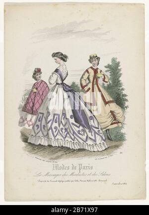 Le Messager des Modistes et des Salons, Modes de Paris, Journal Aglaja, septembre 1864, Nr. 35 Frau, von hinten gesehen in einem Kleid mit vollem Rock, Gürtel mit Schleife (?). Kinderkleidung: Mädchen mit kariertem umhang. Junge Frau im Ensemble: Jacke mit passendem knöchellangen Rock und Unterrock. Das Bild entstand in Aglaja (1848-1864), Monatsheft Damenarbeit, herausgegeben von A. C. Kruseman zu Haarlem. Hersteller: Druckmaschine: Anonymer Herausgeber Ad. Goubaud et Fils (denkmalgeschütztes Gebäude) Verlag: Johan Noman (denkmalgeschütztes Gebäude) Drucker: LEGASTELOIS (Listed Property) Herstellung: Verlag Stockfoto