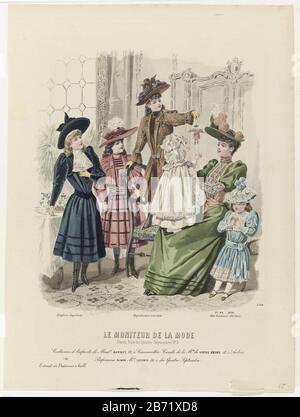 Le Moniteur de la Mode, 1891, Nr. 2744, Nr. 48 Kostüme d'Enfants EINE Frau sitzt mit einem Kind auf ihrem Schoß; ein Mädchen, das auf einem Stuhl daneben steht und eine Marionette hält. Drei weitere Mädchen stehen herum. Laut Bildunterschrift: Kinder von Madame Barbey. Hier sind einige Regeln Textwerbung für verschiedene Produkte. Drucken Sie das Modemagazin Le Moniteur de la Mode (1843-1913) aus. Hersteller : Druckhersteller A. Porter (denkmalgeschütztes Gebäude), entworfen von Jules David (1808-1892) (denkmalgeschütztes Gebäude) Herausgeber: Abel Goubaud (denkmalgeschütztes Objekt) Drucker H. Lefèvre (denkmalgeschütztes Eigentum) Ort Herstellung: Paris Datum: 1891 Stockfoto