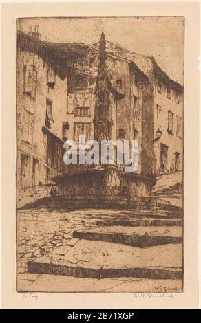 Le Puy (originele titel op object) EIN Brunnen auf einer Straße mit Treppen in Le Puy-en-Velay in der Auvergne. Hersteller: Druckmaschine: Adrianus Willem Ground Wood (persönlich handlich signiert) Datum: 1888-1931 Physikalische Merkmale: Etch- und Plattenton in braunem Material: Papiertechnik: Radierung / Tonplattengröße: Plattenkante: H 240 mm × W 146 mm Betreff: Ziergießstraße; Straße mit Stufen oder Treppen, wo Le Puy-en-Velay Stockfoto