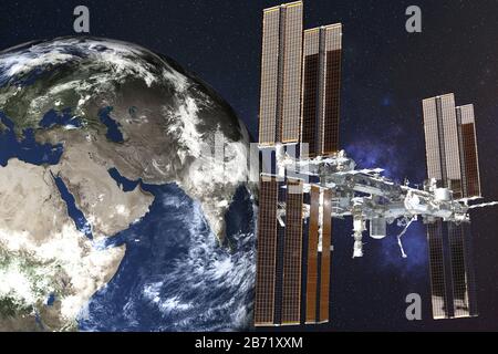 Planetenstation Satelite in der Nähe des Planeten Erde des Sonnensystems im Weltall. Science Fiction. Elemente dieses Bildes wurden von der NASA eingerichtet. Stockfoto