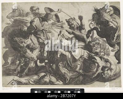 Leeuwenjacht Gevecht tussen leeuwen en ruiters. Twee leeuwen vallen paarden en ruiters aan. De jager proberen met dolken en steekwapens de leeuwen te doden. Hersteller : Hersteller: Willem van der Leeuw (vermeld op object)naar ontwerp van: Peter Paul Rubens (vermeld op object)uitgever: Cornelis Danckerts (I) (vermeld op object)uitgever: Cornelis Danckerts (II) (vermeld op object) dating: 1630 - 1718 kensen: Spactional Material: E draver: E: E: E: E: E: E: E: E: E dravermeld op object. H 461 mm × b 643 mm Subjekt: Raubtiere, Raubtiere: Hionjagd, Verfolgungsjagd Stockfoto