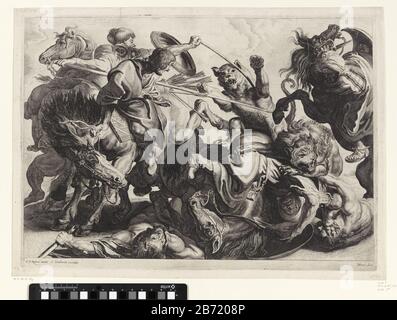 Leeuwenjacht Gevecht tussen leeuwen en ruiters. Twee leeuwen vallen paarden en ruiters aan. De jager proberen met dolken en steekwapens de leeuwen te doden. Hersteller: Pretmaker: Willem van der Leeuw (vermeld op object)naar ontwerp van: Peter Paul Rubens (vermeld op object)uitgever: Cornelis Danckerts (vermeld op object) dating: 1630 - 1718 Physikalische Kenmerken: Gravure en ets Material: Papier Techniek: Graveren (Druké), Beute: Raubtiere: Raubtiere: Raubtiere Stockfoto