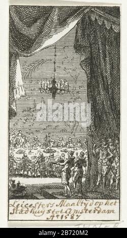 Leicester's maaltijd op het stadhuis te Amsterdam, 1587 Mahlzeit des Earls of Leicester in der City Hall in Amsterdam Wo: Bürgermeister P.C. Boom-Stopp von Leicester frustriert City, 4. Oktober 1587. Hersteller : Druckerhersteller Simon Fokke Herstellung: Nordniederland Datum: 1722 - 1704 Physikalische Merkmale: Ätzmaterial: Papiertechnik: Ätzmaße: Blatt: H 80 mm × W 41 mmToelichtingIllustratie a almanakje; Staat vor Brief. Betrifft: Festessen, Festessen, Bankett Achtzig Jahre Krieg, Wenn: 1587-10-04 - 1587-10-04 Stockfoto