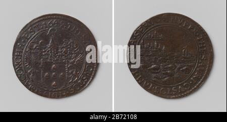 Leonard Van der Noot, Magistrat van de schatkist van Brussel en vijfendertigste indendent van de vaart van Brussel Koperen Penning. Voorzijde: Gehelmd wapenschild bonnen omschrift. Keerzijde: SCHIP dat HAVEN binnen-vaart; op Kust: Vijf schelpen innen omschrift Hersteller: AnoniemPlaats Herstellung: Brussel dating: Jan-1649 Physikalische Kenmerken: Koper Material: Koper Techniek: Slaan Abmessungen: D 2,9 cm. × g 5,93 g Datum: 1648-01 - 1650-09-12 Stockfoto