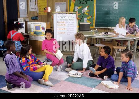 Austin Texas USA: Schüler der fünften Klasse und Lehrer diskutieren Bücher im multikulturellen Klassenzimmer. HERR ©Bob Daemmrich Stockfoto