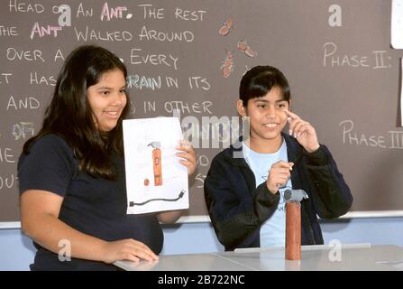 Austin, Texas USA: Hispanische Mädchen präsentieren sich in der High Science-Klasse der Junioren. ©Bob Daemmrich Stockfoto