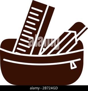 Schulausbildung Bleistiftkoffer Lineal und Schneider liefern Vektor-Illustration Silhouetten-Symbol Stock Vektor