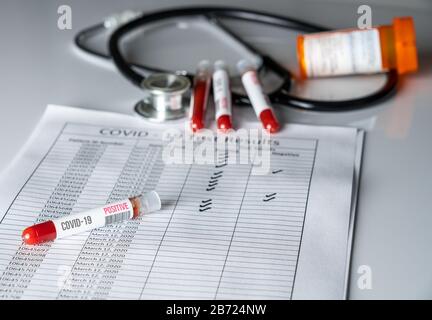 Form der Aufzeichnung der Ergebnisse von Blutproben mit einem positiven Ergebnis für Covid-19 oder Coronavirus Stockfoto