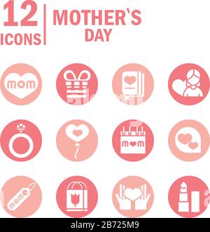 Mothers Day, Celebration Party Event Icons setzen den Blockstil der Vektordarstellung Stock Vektor