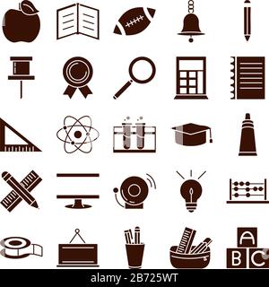 Schulausbildung Lernen Sie Zubehör Schreibwaren Symbole setzen Vektor-Illustration Silhouette Symbol Stock Vektor