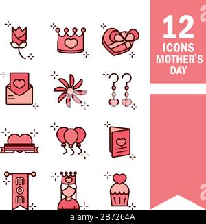 Mothers Day, Celebration Party Event Icons setzen die Vektorgrafik und das Füllstyle-Symbol Stock Vektor