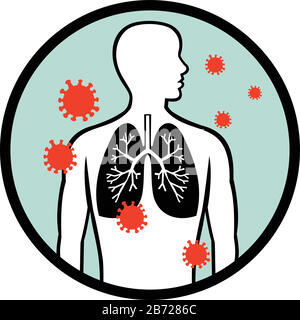 Retro-Darstellung der Coronavirus-Zelle, die die menschliche Lunge oder das Atmungssystem infiziert, die innerhalb der Kreisform auf isoliertem weißem Hintergrund festgelegt ist. Stock Vektor