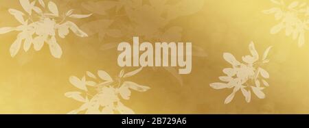 Transparente weiße, mit Pinsel bemalte Blätter auf goldenem Hintergrund, Leerer Raum, Platz für Text. Minimalistischer Stil luxuriöse Einladungskarte Vorlage Illustration Stockfoto